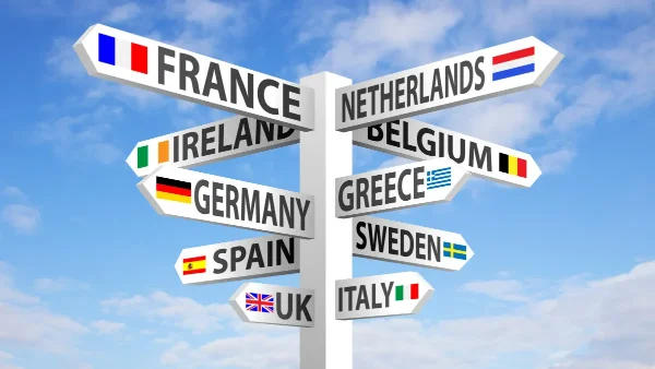 Wooden directional signpost with European country names
