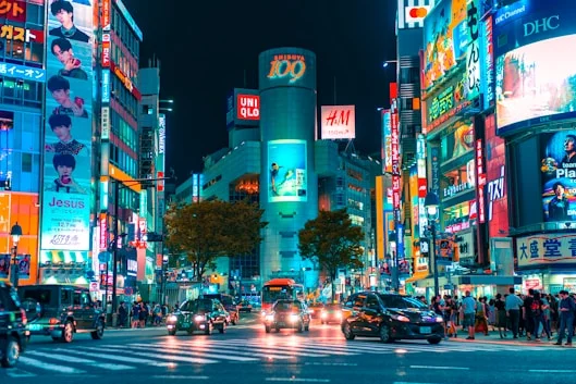 Vibrant neon lights of night street in Tokyo