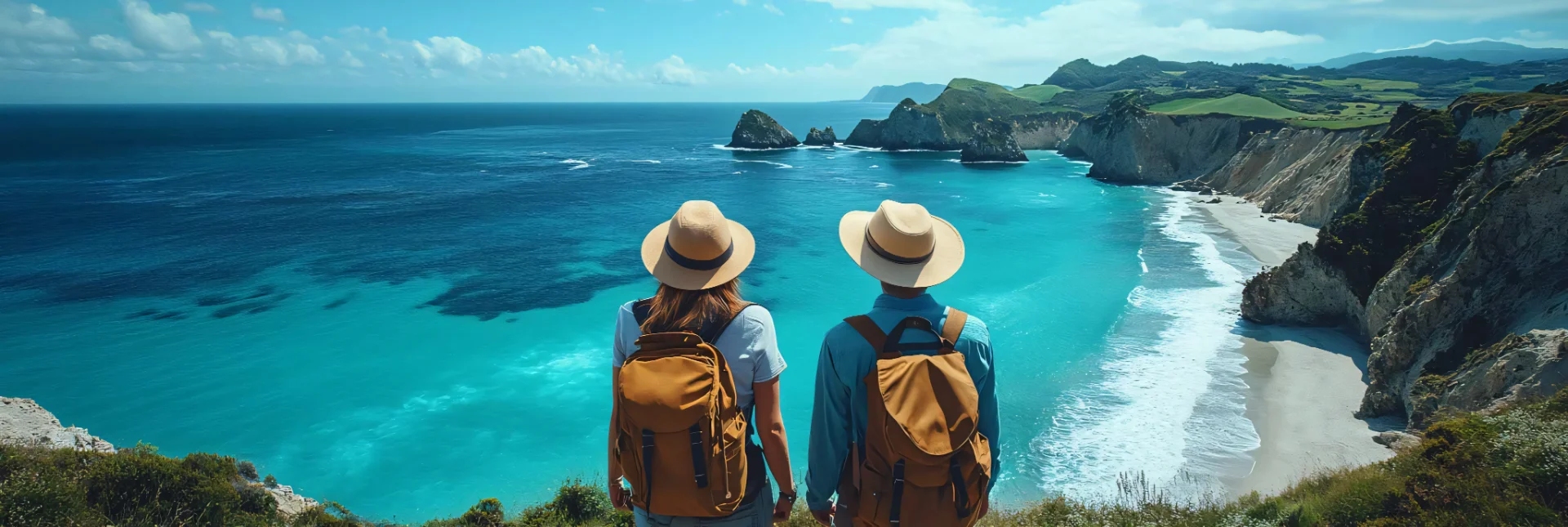 Travelers overlooking scenic coast