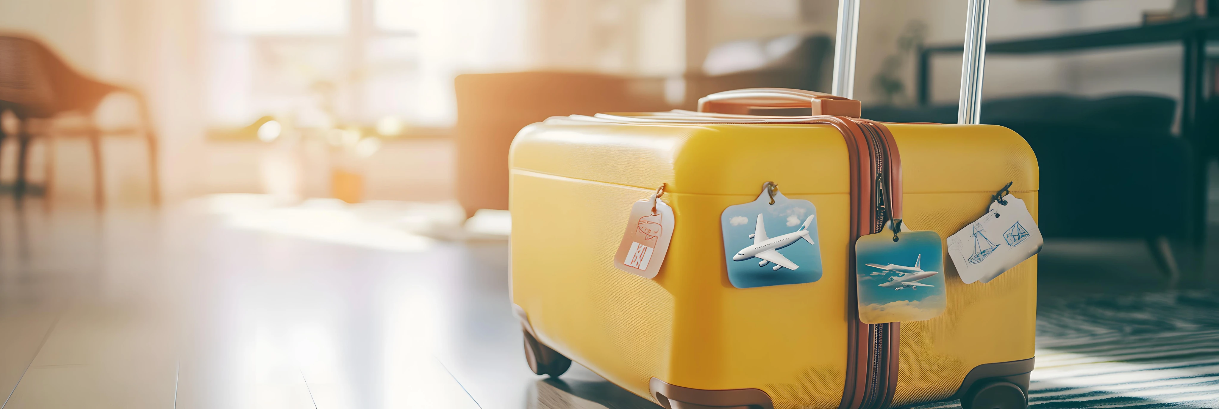 Yellow travel suitcase on counter