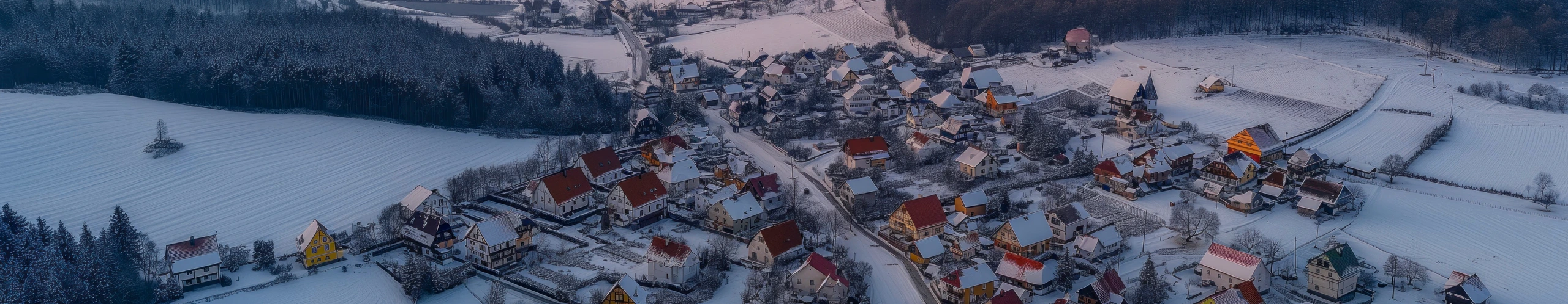 Winter village lakeside landscape