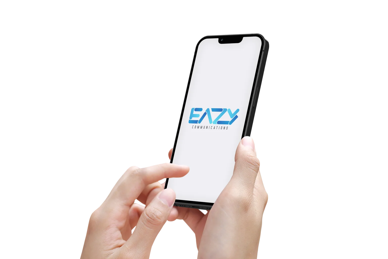 Hand holding iPhone running Eazy Communications app